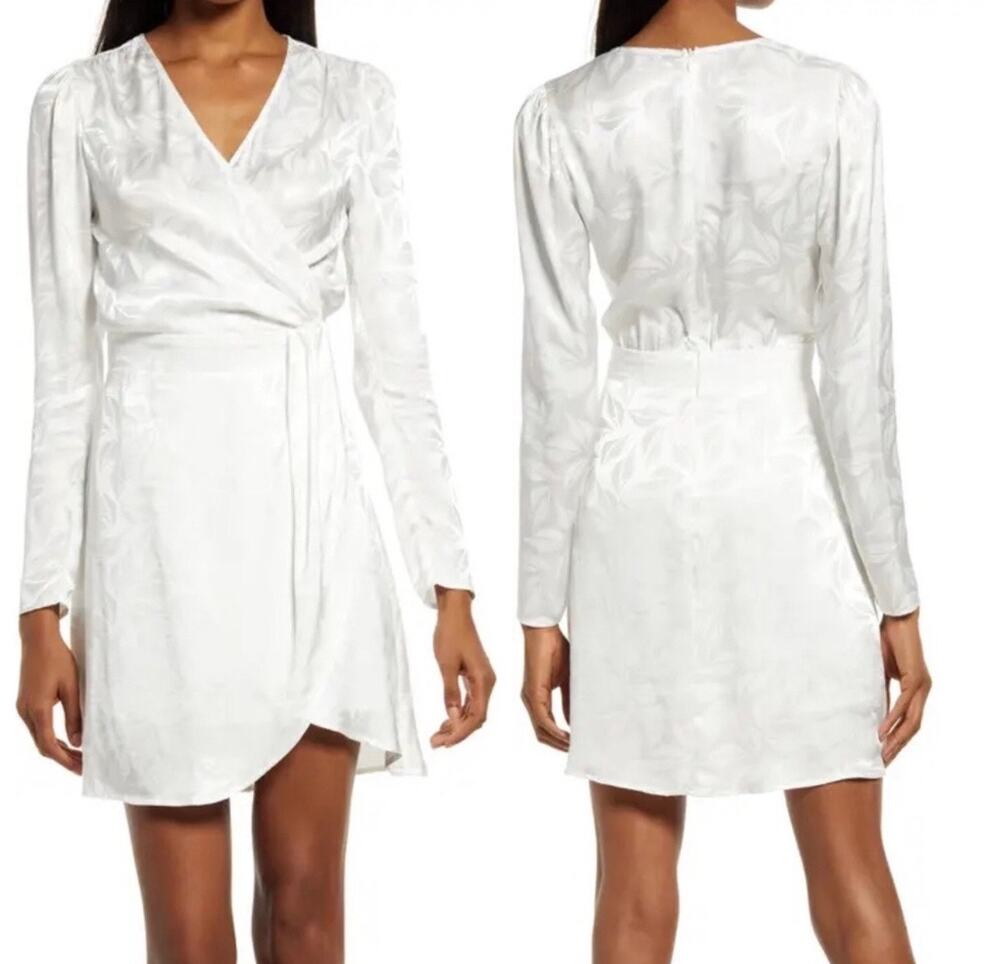 NSR Nordstrom White Ivory Faux Wrap Long Sleeve Dress Sz Large Bride Bridal